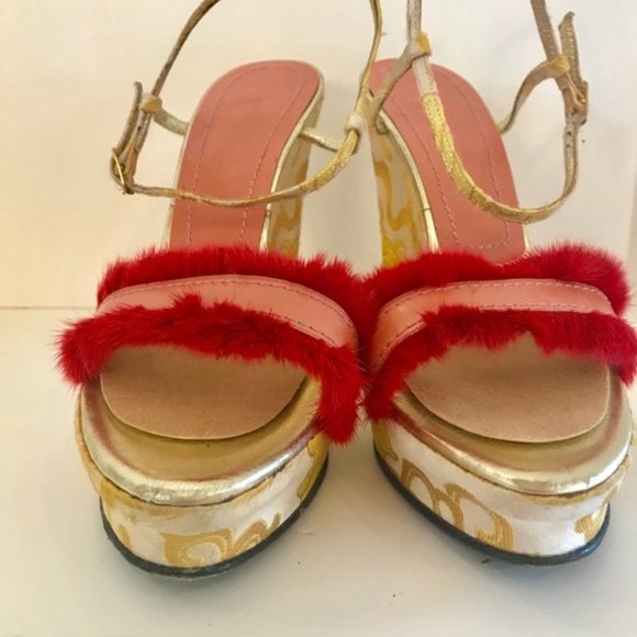 Casadei Brocade Wedge with Red Mink Fringe - Picture 4 of 8